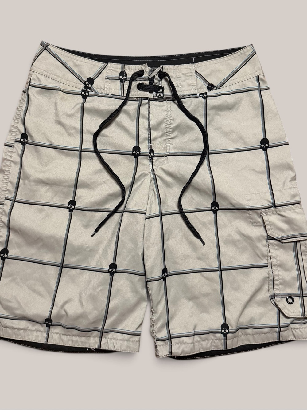 Y2K Blue Sol skull plaid board shorts swim trunks